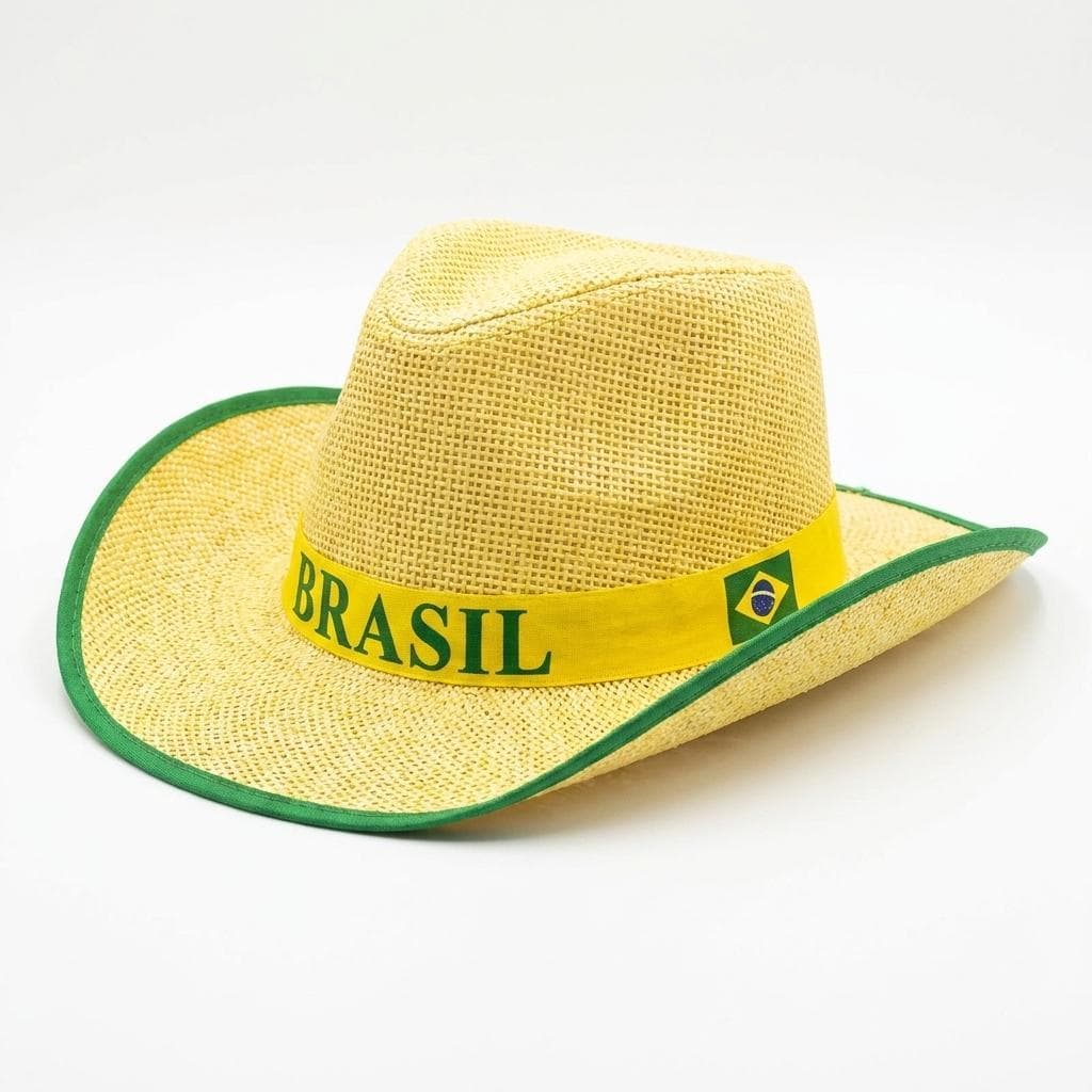 Chapéu Cowboy Palha Sintética Fita Brasil Festa Bege