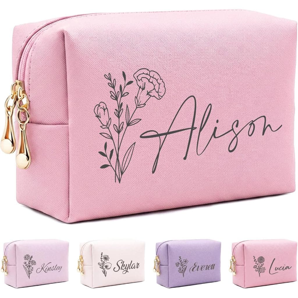 Bolsa de Maquiagem Personalizada com Nome Gravado e Flor de Nascimento para Madrinhas, Presentes Personalizados para Mul