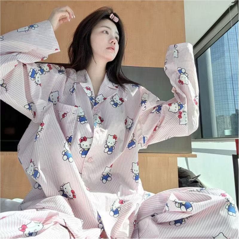 Pijamas De Alta Qualidade Femininos Hello Kitty Cloud Cotton Manga Comprida Conjunto De Calças Compridas