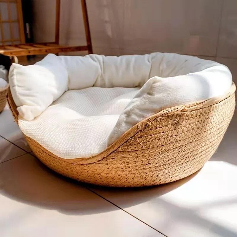 Cama para Gato e Cão, Sofá Feito à Mão em Bambu, Ninho Confortável para Quatro Estações, Cestas Impermeáveis com Almofad