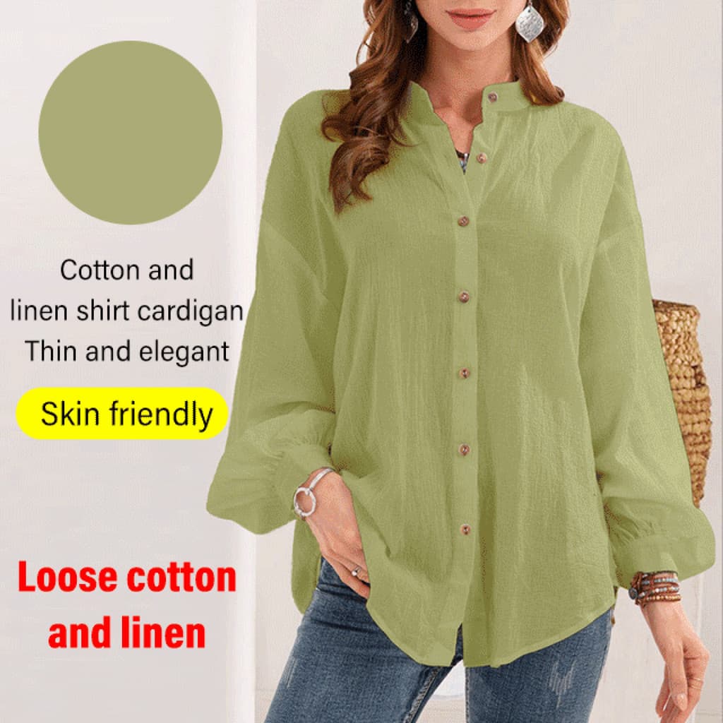 Camisa feminina de manga comprida em algodão e linho de cor pura.