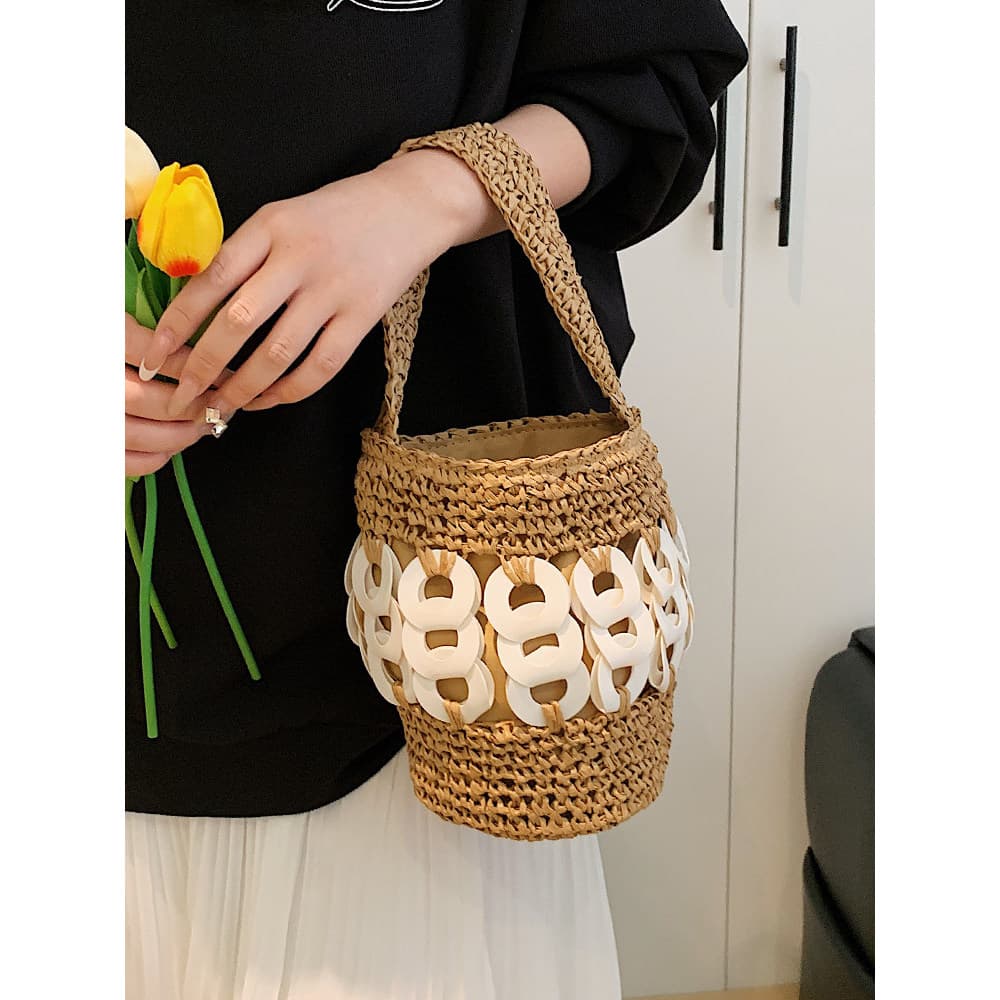 Design sentir mão-transporte cesta de vegetais balde saco feminino oco palha bolsa tecido beira-mar férias estilo praia