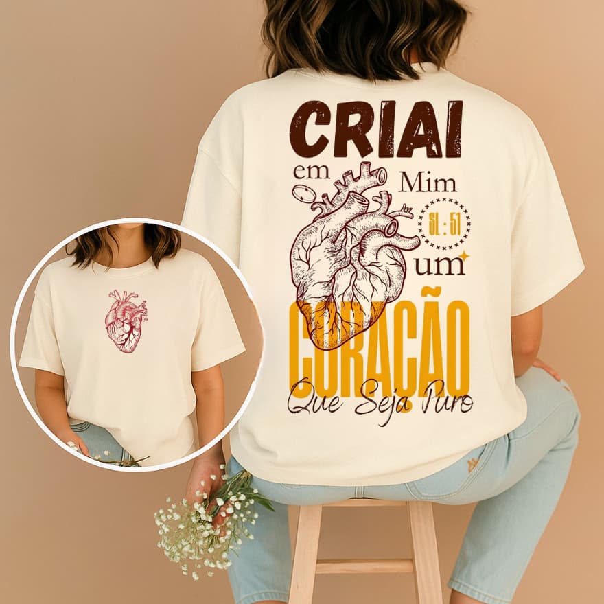 Camiseta Moda Cristã Feminina e Masculina Unisex Religiosa Criai em Mim um Coração Puro Blusa 100%Algodão