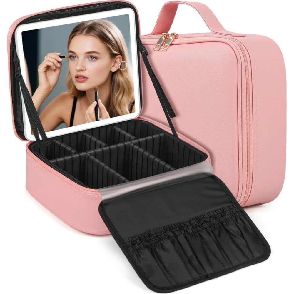 Bolsa de Maquiagem com Espelho LED Estojo Organizador de Pincéis, Make e Acessórios de Viagem