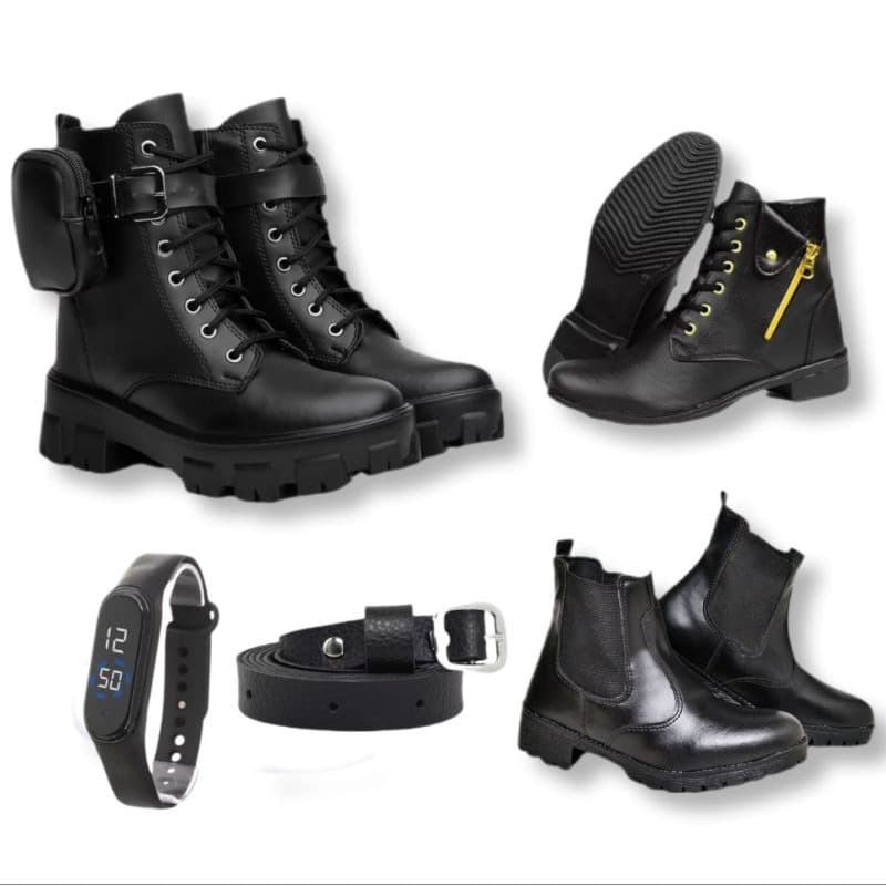 Kit Coturno Feminino Com Bolsinha + Bota Cano Baixo com Zíper fake+ Bota Cano Baixo de Elástico+ Relogio + Cinto