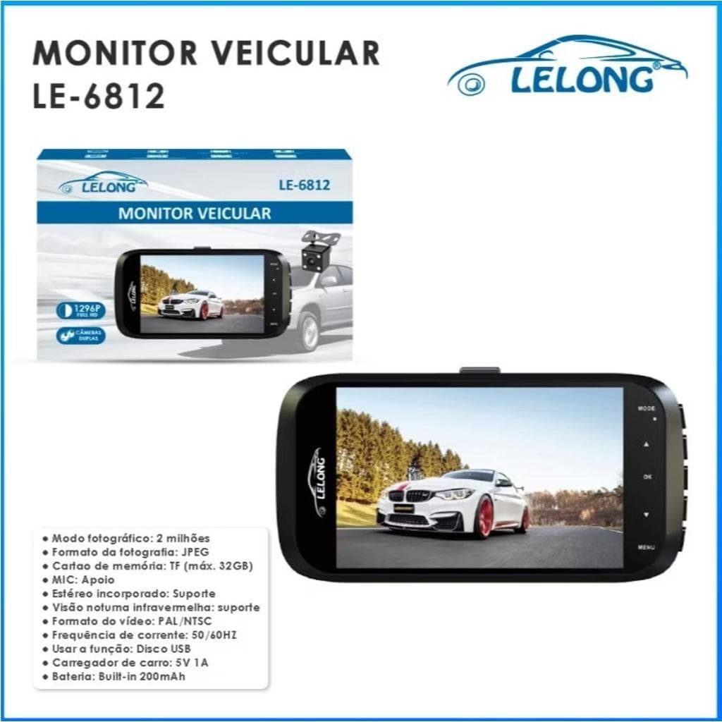 Câmera Veicular Full HD Lelong LE-6812 com Monitor LCD e Gravação Automática