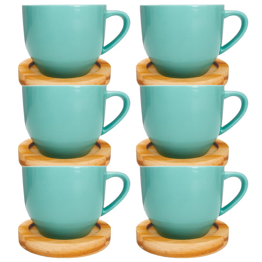Jogo 6 Xícara 170ml Verde Chá Café Manhã Tarde com Pires Madeira