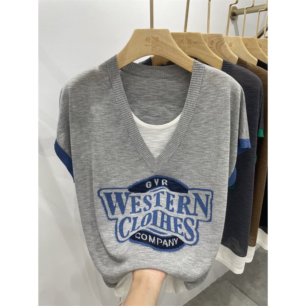 Plus Size roupas femininas falso de duas peças moda Casual manga curta camiseta feminina gordura mm chique capa solta ba