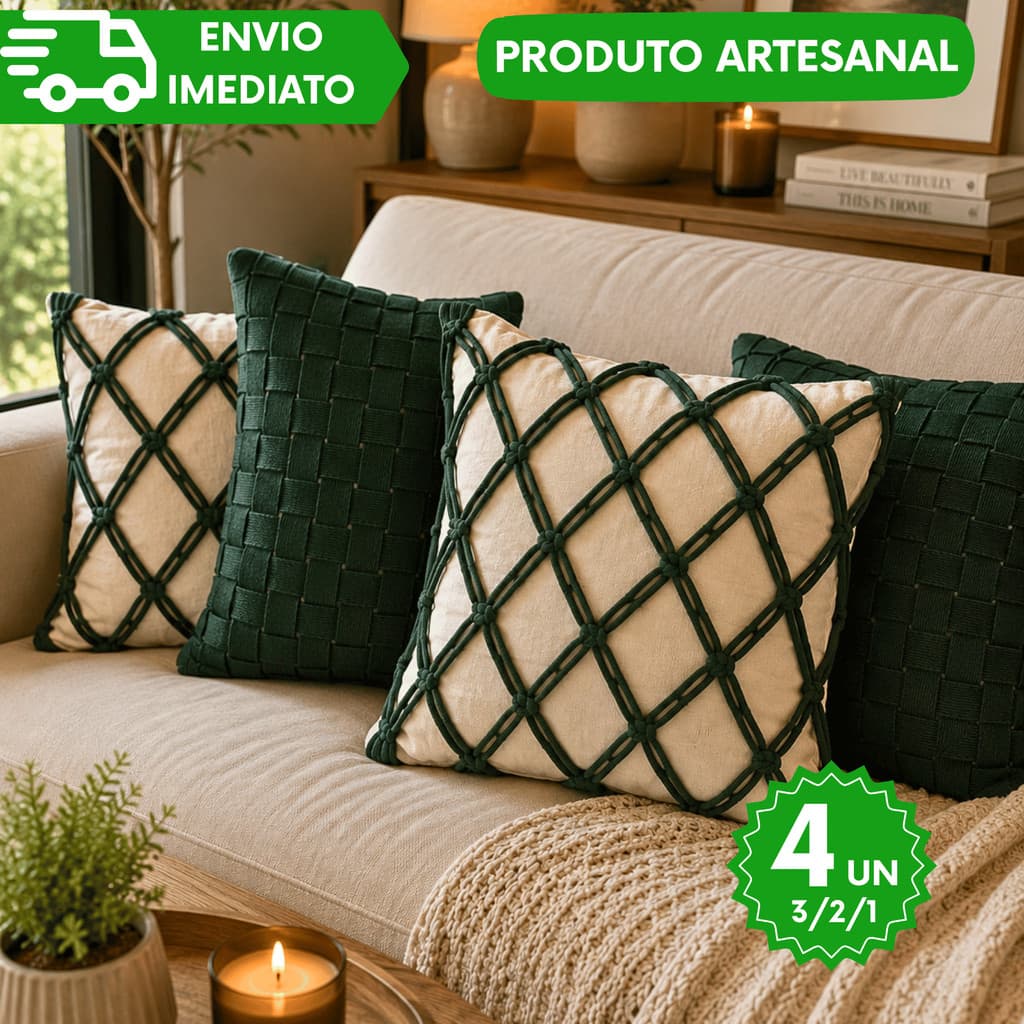 Capas de Almofadas Decorativas Premium  Boho Macramê Cru e Verde para Sofá Sala Quarto Varanda  Luxo