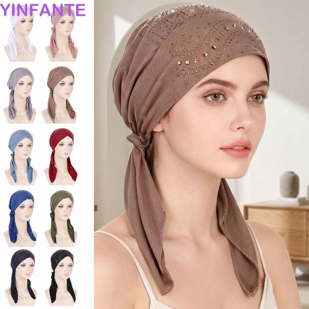 YINFANTEWN Hijab Feminino Com Strass , Chapéu De Lenço Muçulmano Elástico Macio De Cor Sólida , Verão Fino