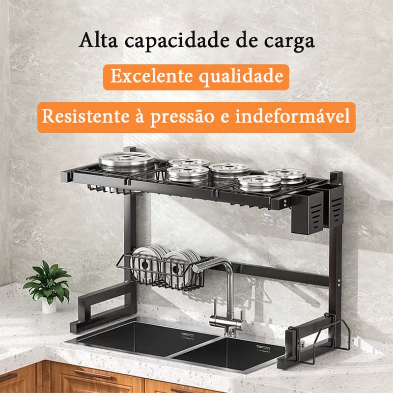 Rack Escorredor Cozinha Organizador Pia Aço Inoxidável Grande capacidade 65cm Preto