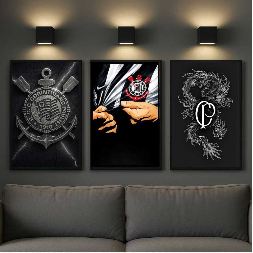 Kit 3 Quadros Corinthians Escudo Aço Dragão Estilo Dark SCCP Decorativo
