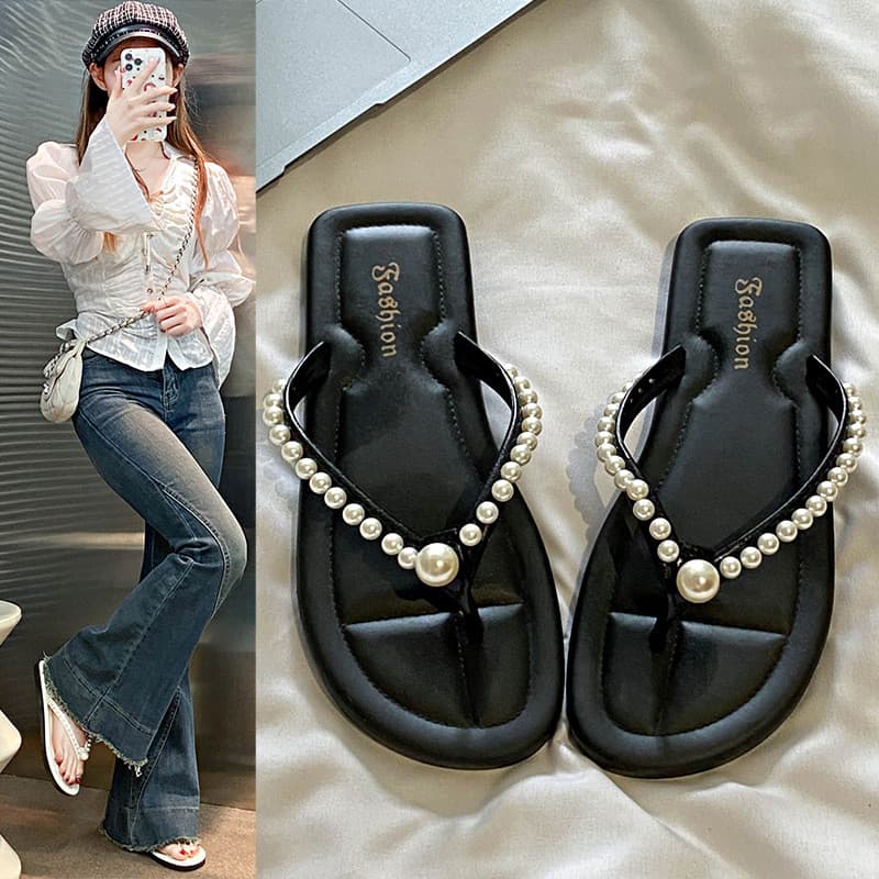 Verão novo estilo cor sólida moda All-Match pérola Flip-Toe sandálias femininas chinelos planos de salto baixo sapatos f