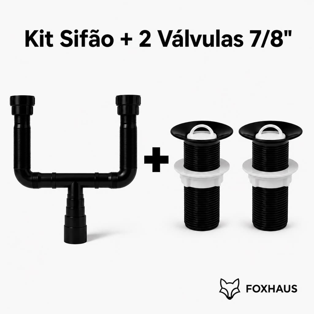 Kit Sifão Duplo + 2 Válvulas Pia Lavatório Tanque 7/8" Preto
