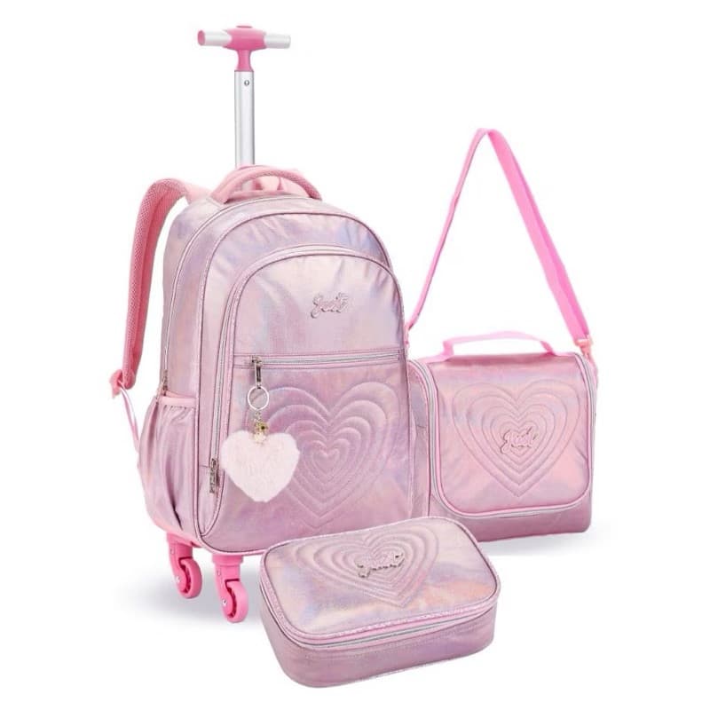 Kit Mochila Juvenil com 4 Rodinhas Lisa Rosa Preto Brilhante JT1903K alto padrao..REFORÇADA