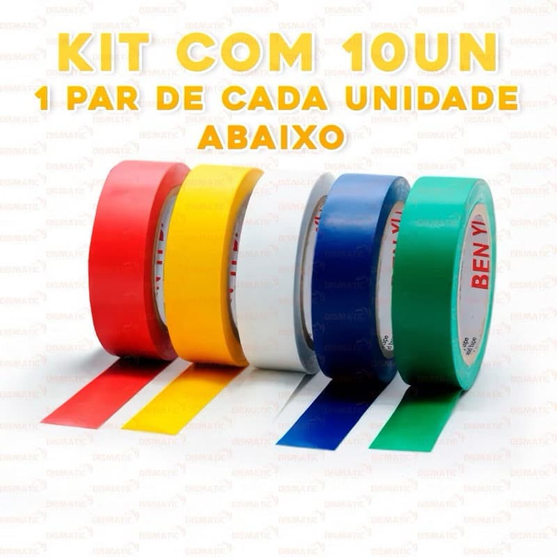 kit 10 fita isolante colorida antichamas de 5m cada fita.