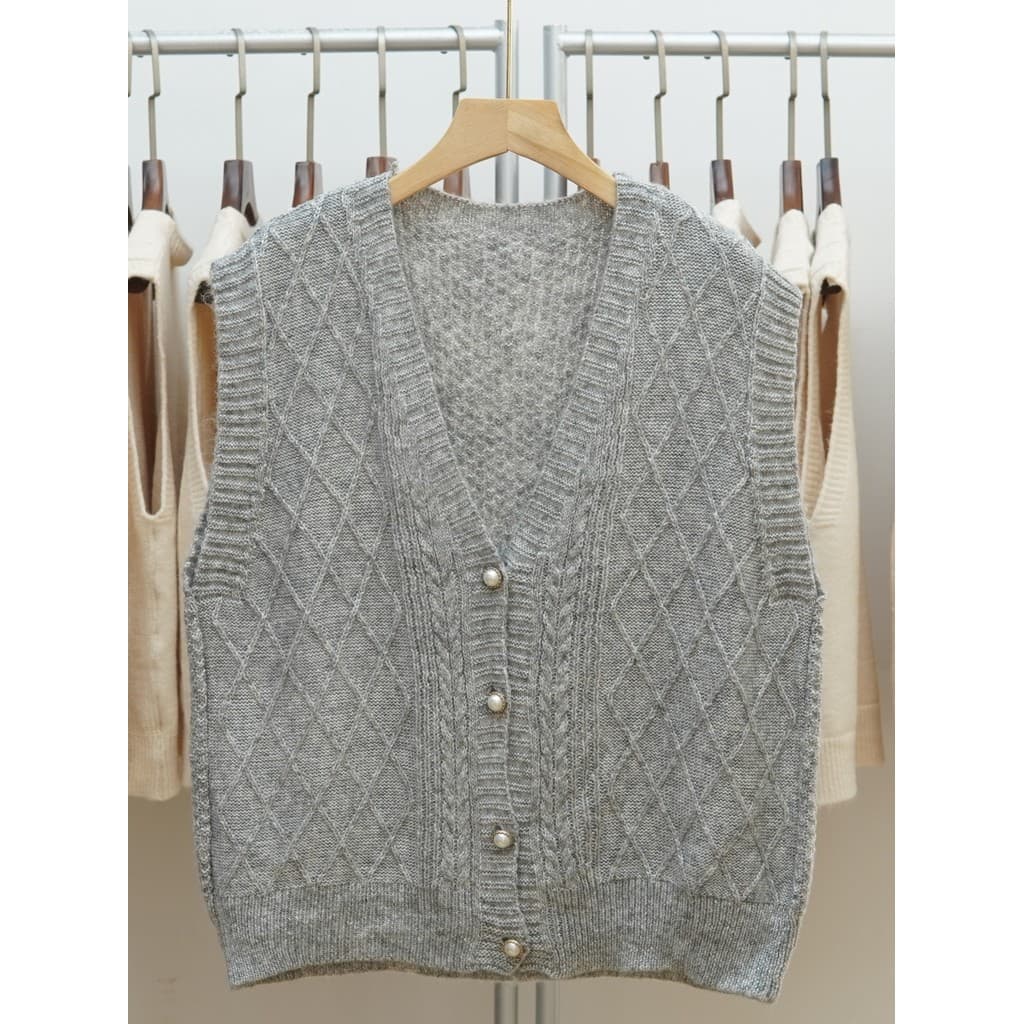 571 Retro cinza com decote em V torção colete de malha feminino sem mangas solto camisola Cardigan All-Match diamante co