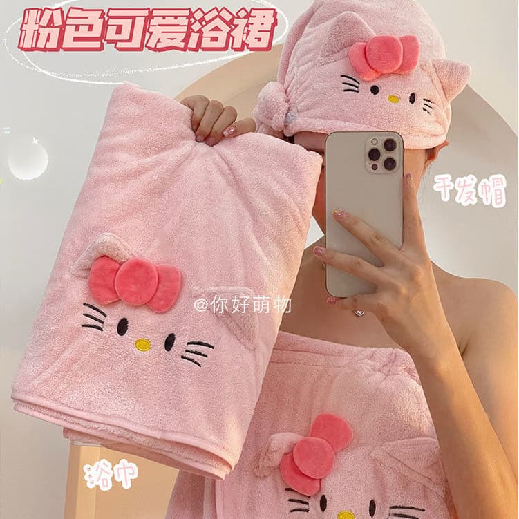 Toalha de Banho Hellokitty Conjunto de Três Peças Absorvente de Água Absorvente de Banho de Banho de Velcro Dedicado Sai