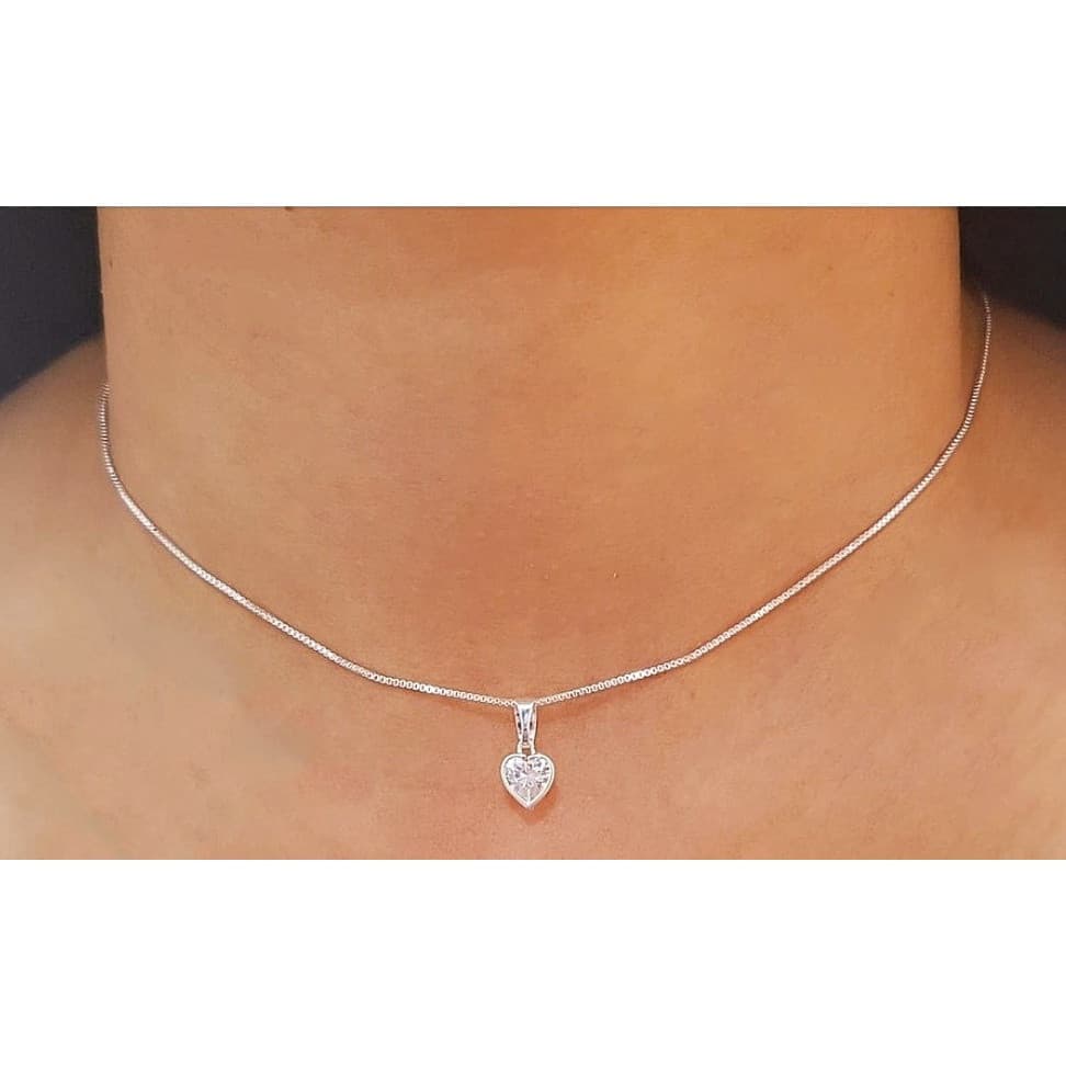 Colar Corrente Veneziana Feminina Ponto de Luz Coração Pedra Zircônia Folheado A Prata 925 45 cm