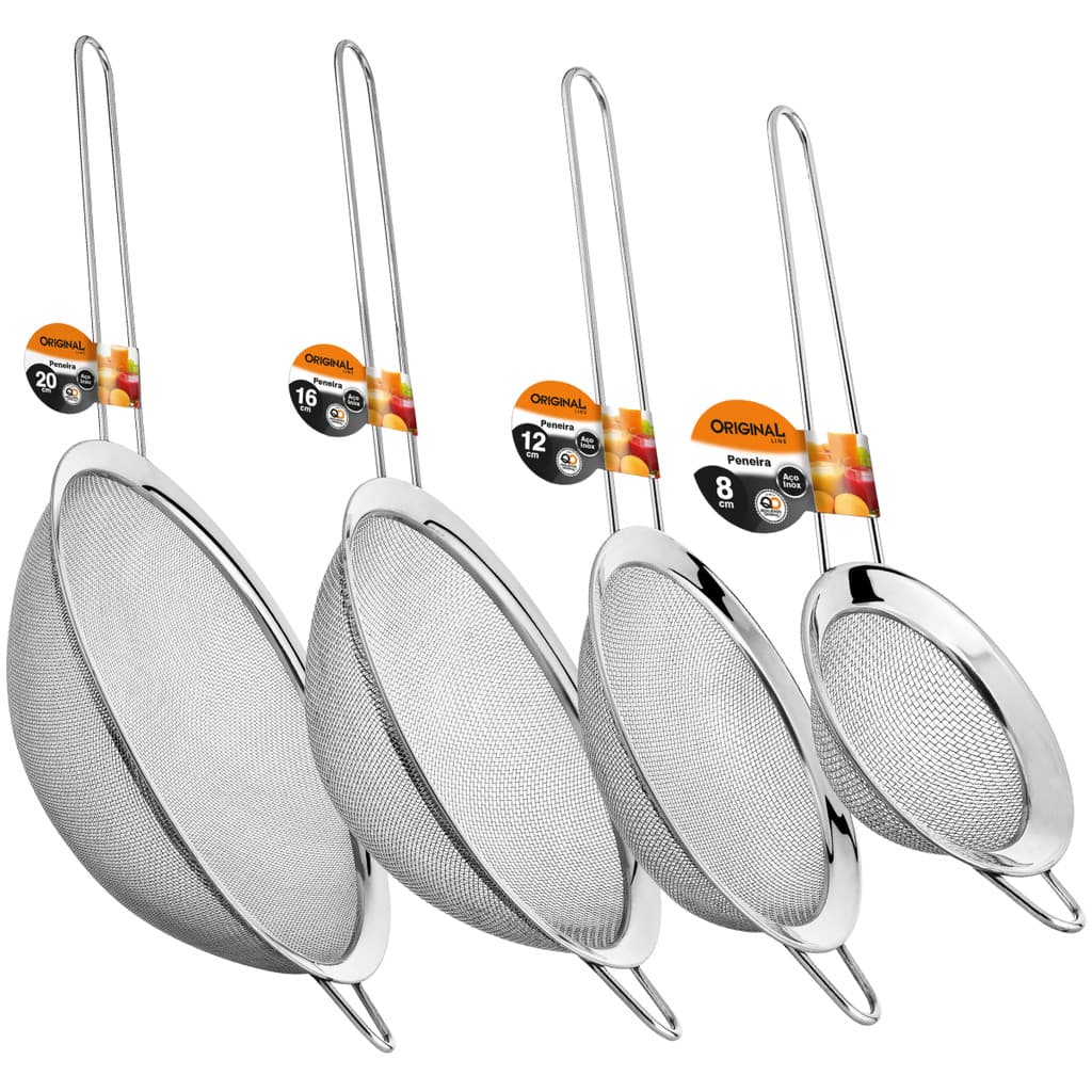 Kit 4 Peneira Coador Manual Aço Inox Cozinha 8/12/16/20 Cm