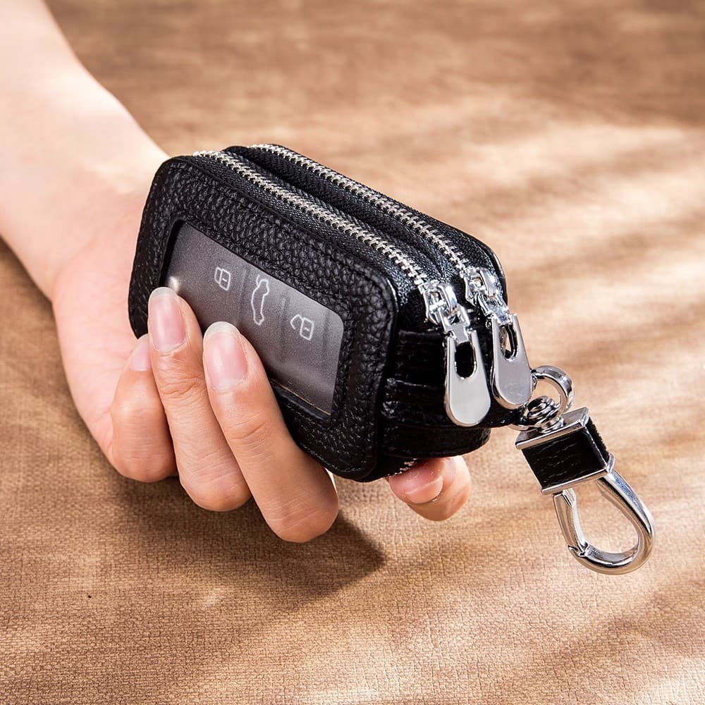 Bolsa de chave de camada dupla, bolsa de armazenamento de chave de textura de couro genuíno, multifuncional, com zíper,