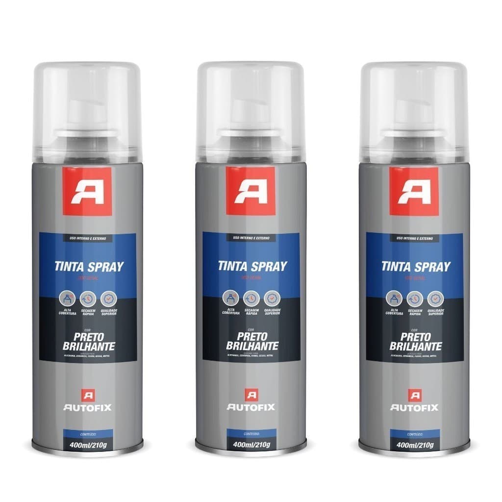 Kit 3 Tinta Spray Uso Geral 400ml - Autofix 400ml / 210g - Preto Brilhante