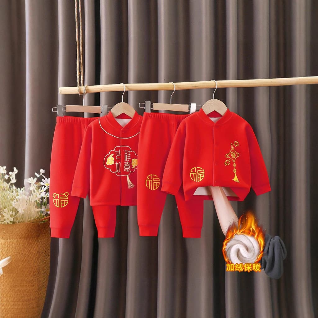 Um ano de idade masculino feminino bebê forro de lã terno estilo chinês festivo outono roupas calças compridas bebê divi
