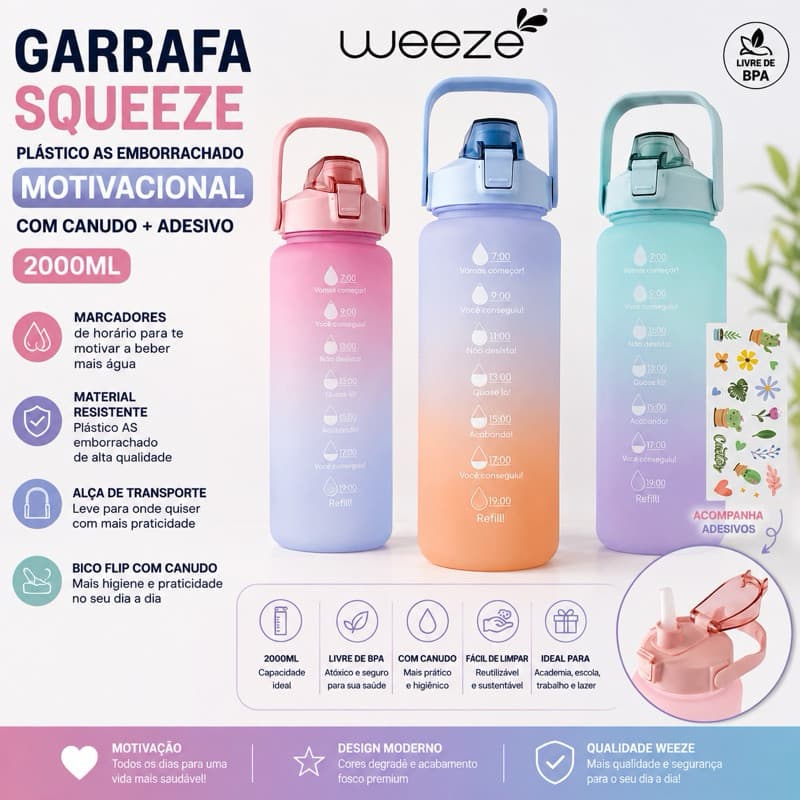 GARRAFA SQUEEZE DE PLASTICO AS EMBORRACHADO MOTIVACIONAL COM CANUDO + ADESIVO WEEZE 2000ML (2 LITROS)
