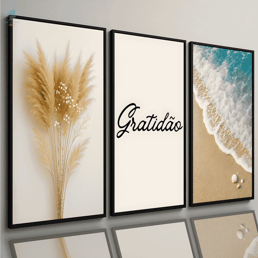 Kit Quadros Decorativos Gratidão Praia e Natureza Bege Minimalista clean Sala