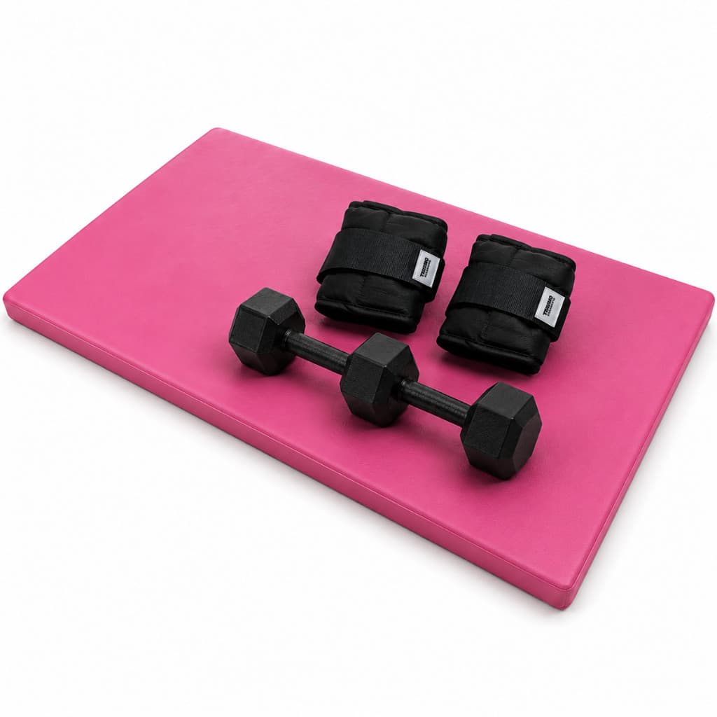 Kit Fitness Colchonete Rosa + Par 2kg Caneleira Peso Preto + Par 2Kg Halter Sextavado Academia TL
