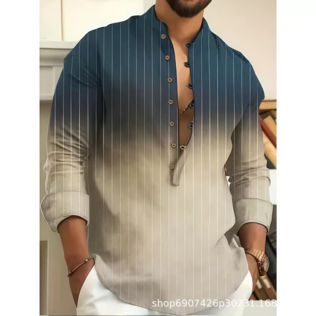 Novo estilo camisa masculina de manga comprida, gola alta meio cardigã estampado camisa fina Casual