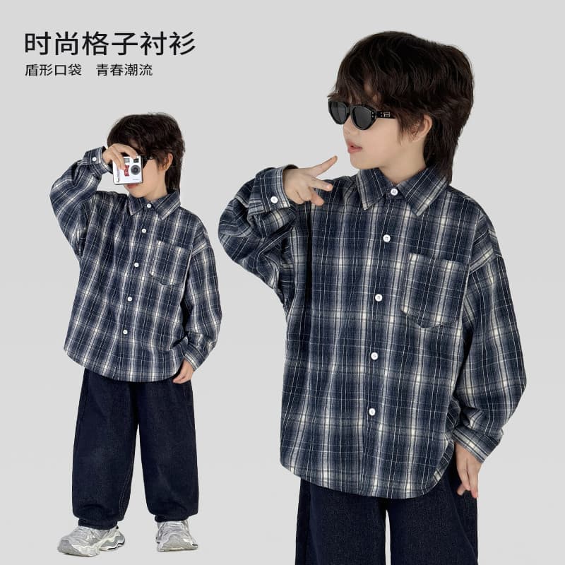 Camisa de manga comprida xadrez para meninos do trabalho médio outono * 38415