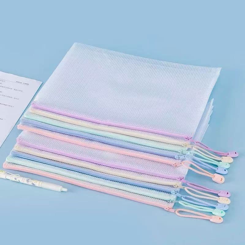 Pasta de arquivo transparente em malha colorida A4, bolsa organizadora de documentos, bolsa para provas de estudantes