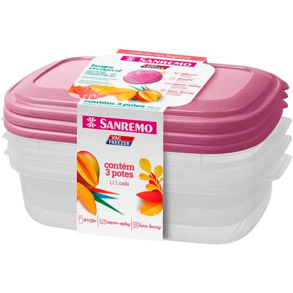 Conjunto 3 pote 1,1l retangular Sanremo com alças para manuseio