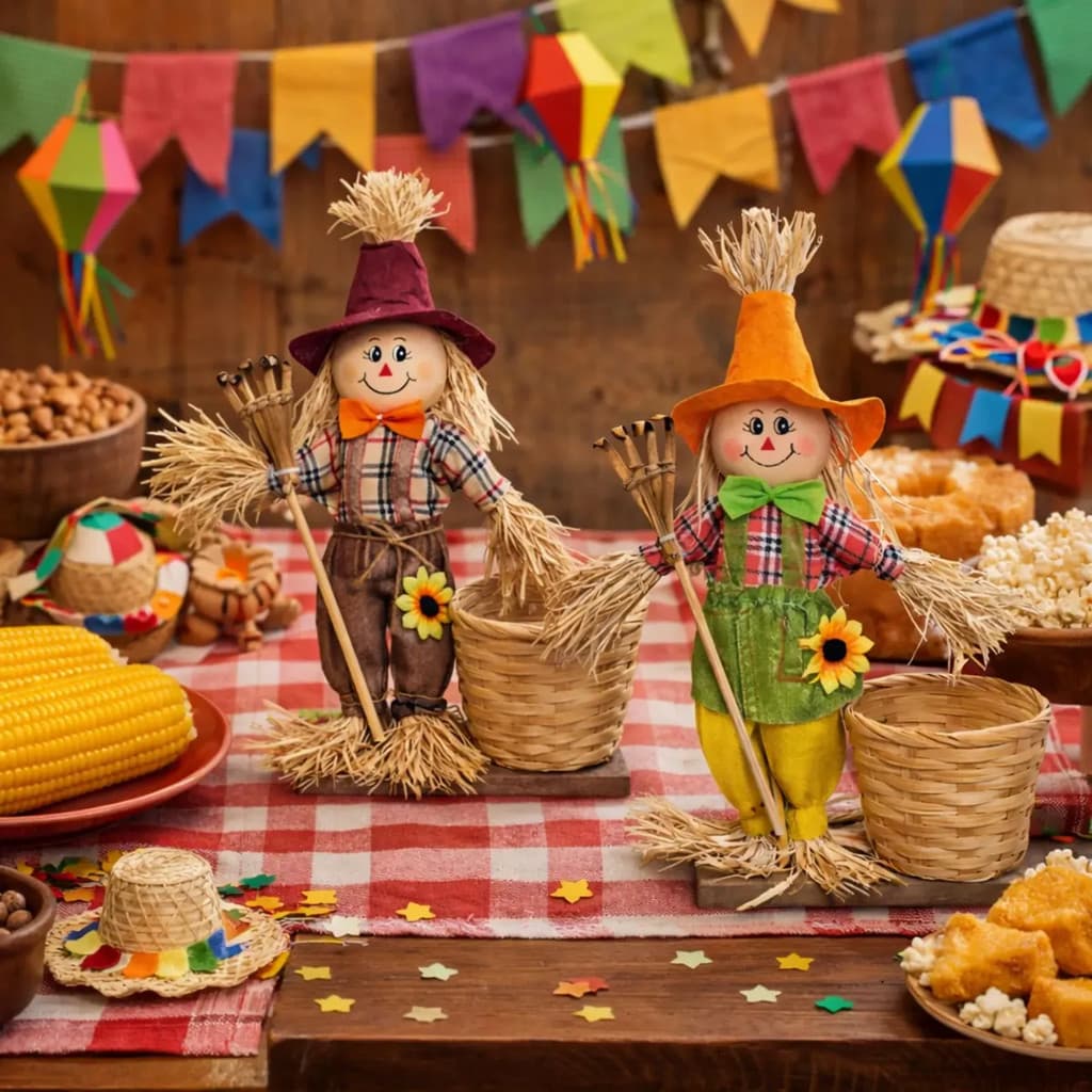 Espantalho Festa Junina 30cm com Cesto e Rastelo Decoração Caipira Arraial São João