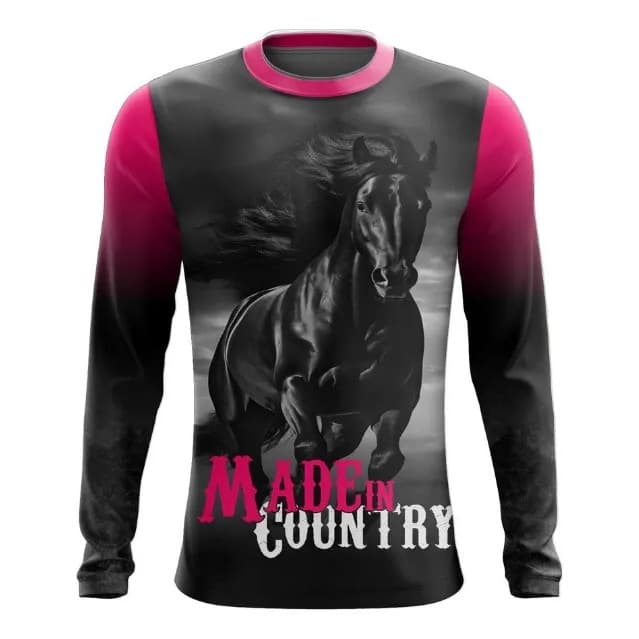 Camiseta UV Cavalo Made in Country Manga Longa Masculina Feminina Camisa Proteção Solar Poliéster