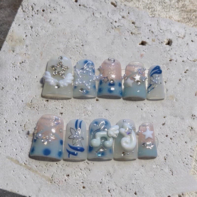 Gelo Azul Música Nota Anjo Asa Pato Bill Artesanal Imprensa Em Unhas Glitter Bonito Retro 3D Estrela Bolinhas Francês Du