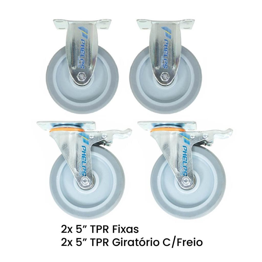 Kit 4 Rodas 5" 125mm TPR Cinza 2 Fixas 2 Com Freio
