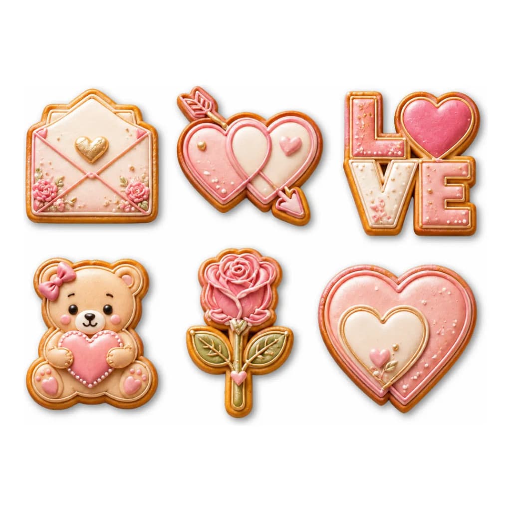 Kit 6 Cortadores de Biscoito Romântico para Namorados com Love Rosa e Urso 6cm