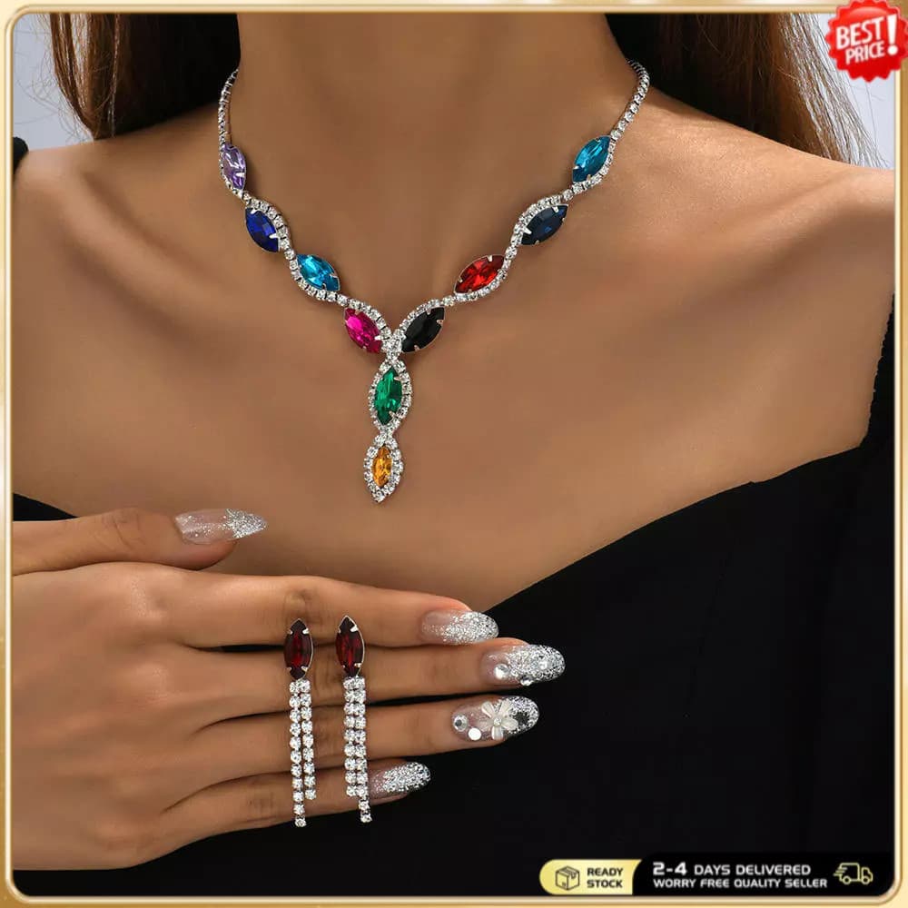 Conjunto De Joias De Baile De Strass Prateado Para Mulheres , Gargantilha Com Corrente De Cristal Glitter Preto , Brinco