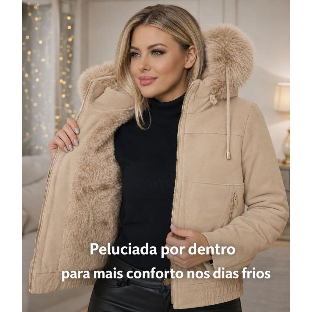 Jaqueta Feminina de Camurça Forrada com Pelo – Super Quente!
