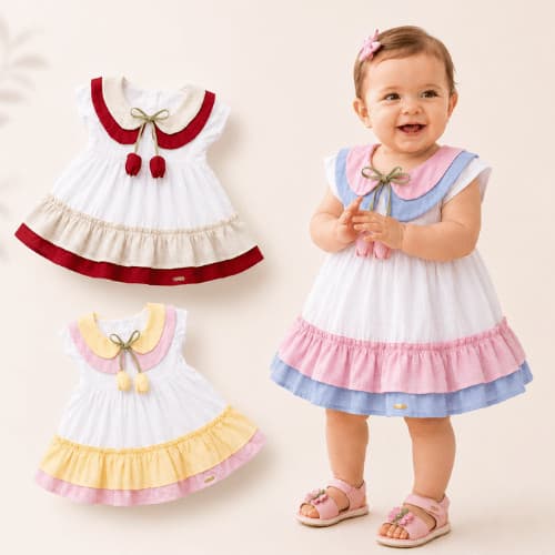 Vestido Infantil Bebê Babados Vestido para meninas Premium Linho Vestido Baby Com Detalhe Em Flor