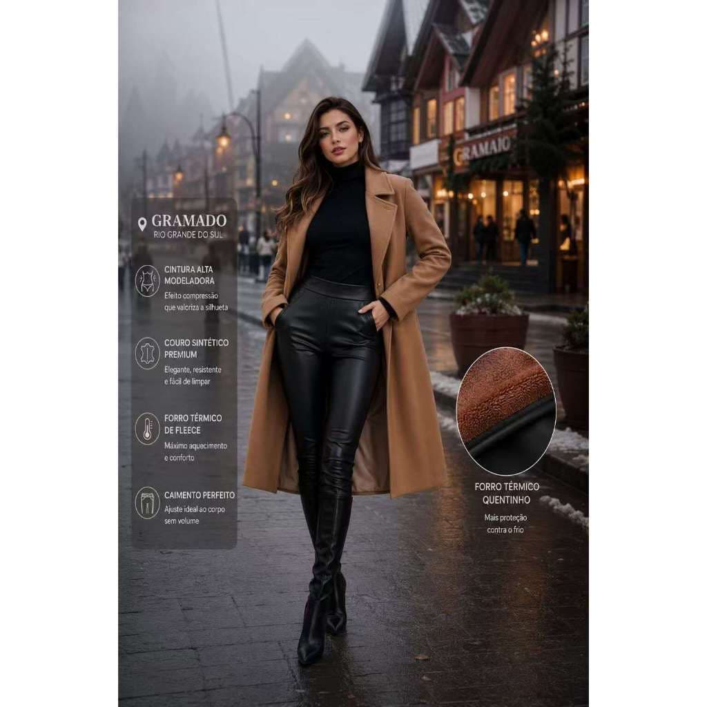 Calça Legging Couro Fake Térmica Forrada Com Fleece Cintura Alta Efeito Lipo   | 190#