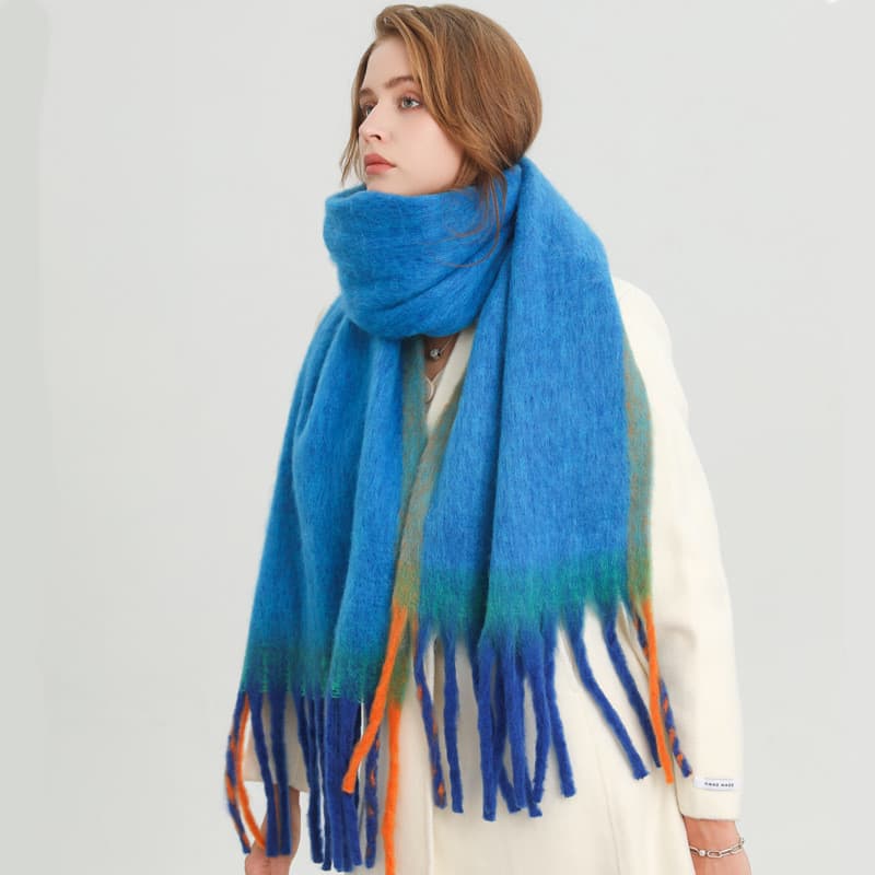 Cachecol de Mohair Grosso com Listras da Moda, Cachecol de Inverno com Franjas, Cachecol Longo e Quente, Xale