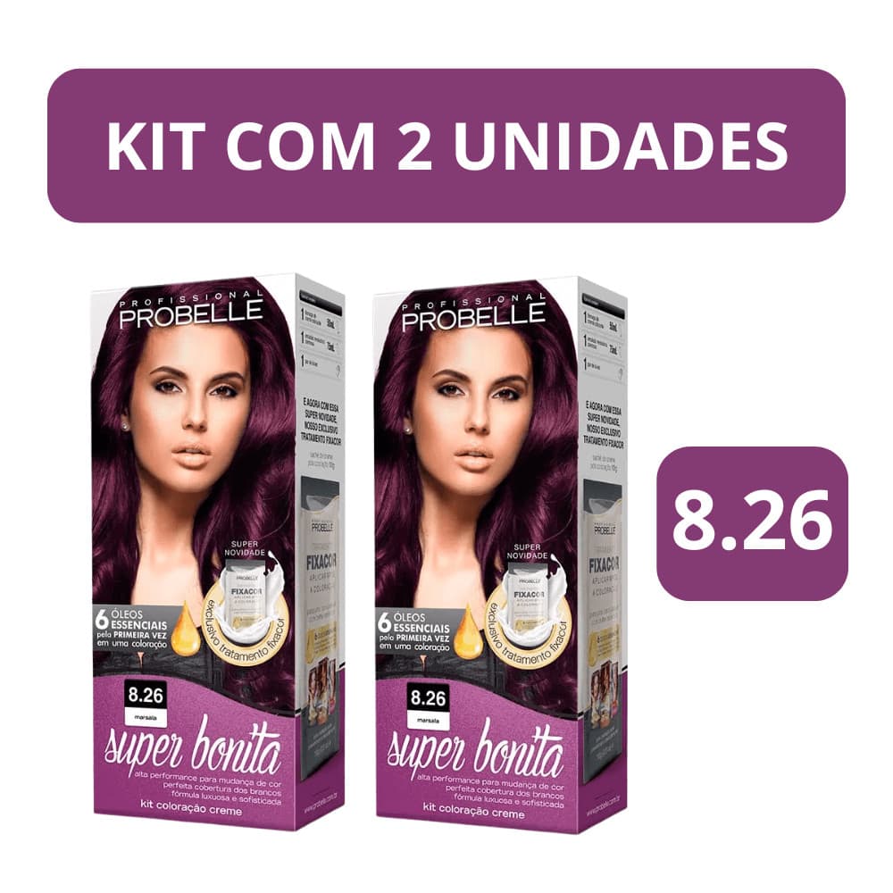 Kit com 2 Tintura Super Bonita Probelle Marsala 8.26 - Coloração Cremosa com Brilho e Maciez