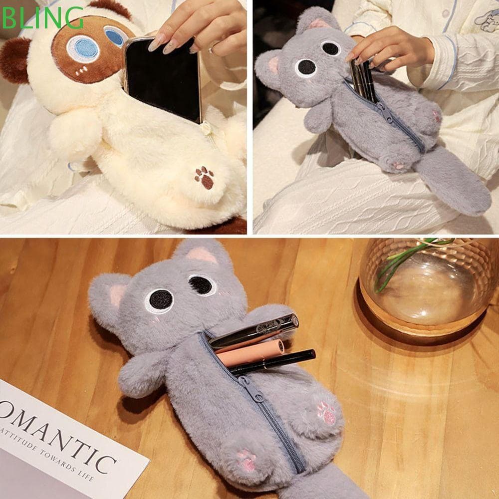 Bolsa De Caneta BLING , Lápis De Gato De Grande Capacidade , Armazenamento De Pelúcia Multifuncional De Desenho Animado