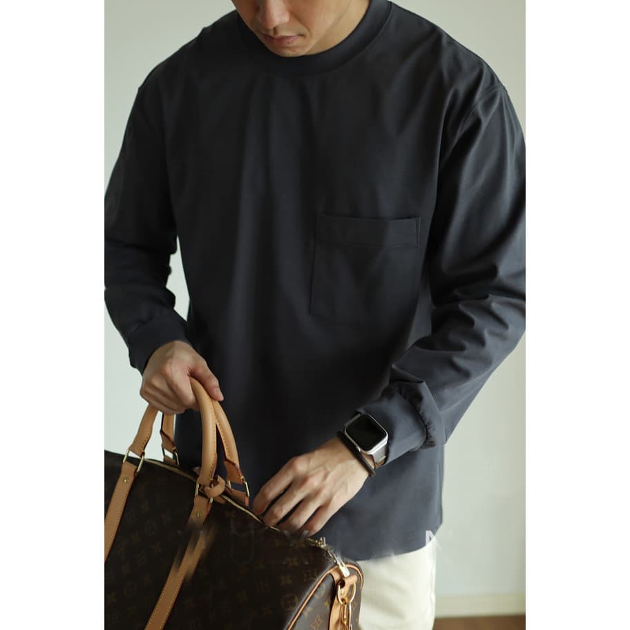 Americano puro algodão de manga comprida camiseta masculina Ami cáqui macacão bolso superior Design pequeno decote molet
