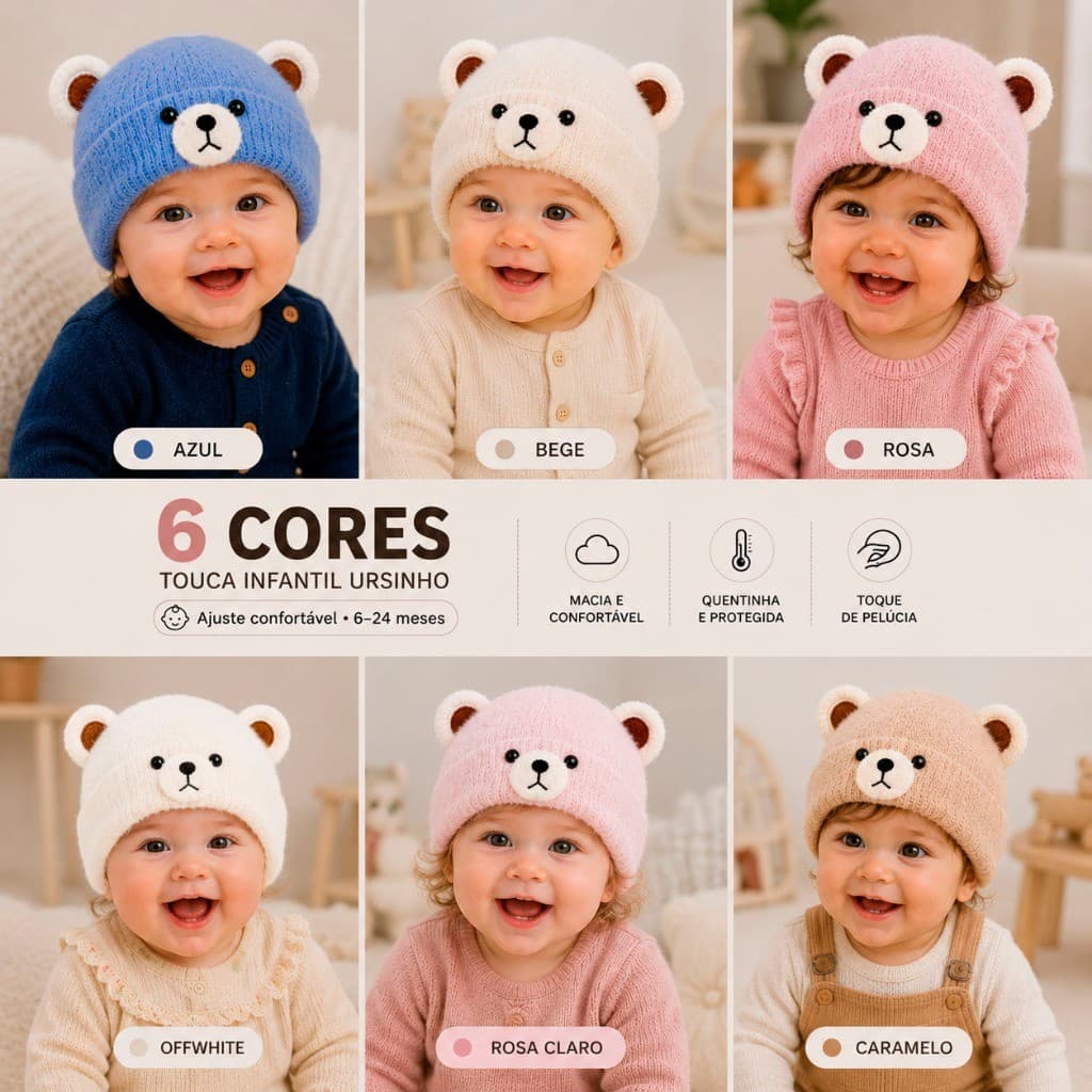 Touca Bebê Ursinho Quentinha Gorro Infantil 6 a 24 meses Inverno Menino Menina Super Fofo