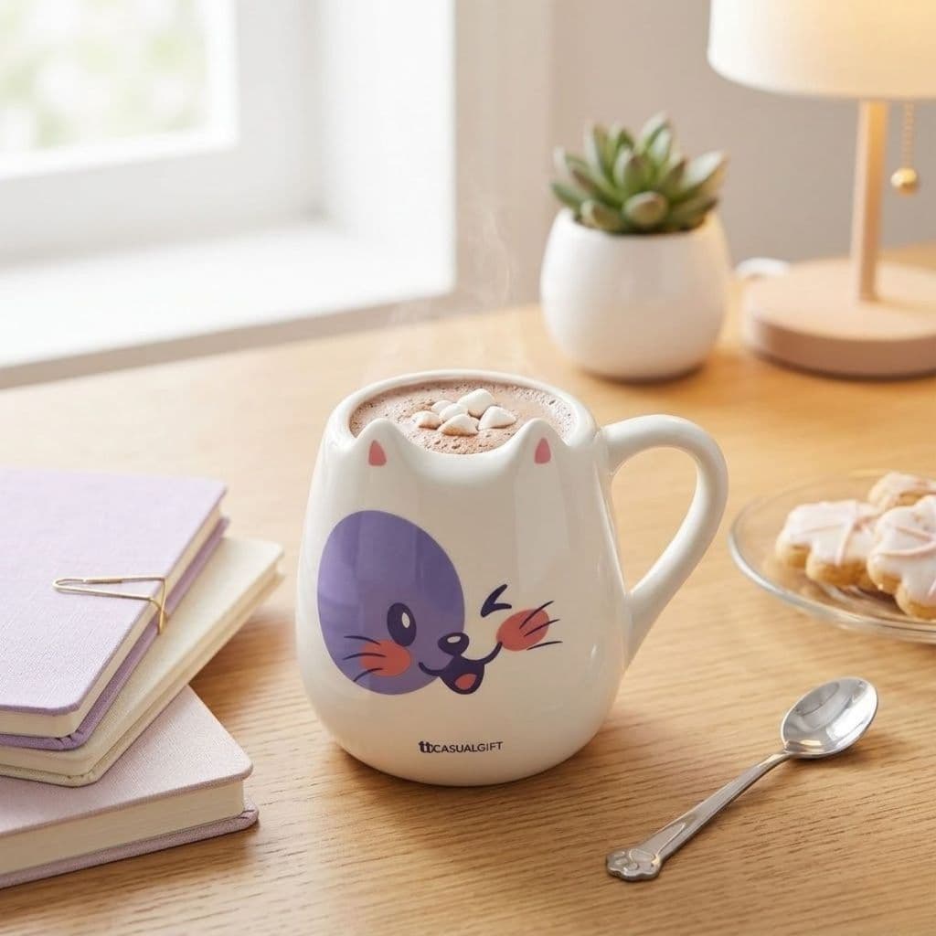 Caneca Porcelana Gato Lilás 350ml Presente Fofo