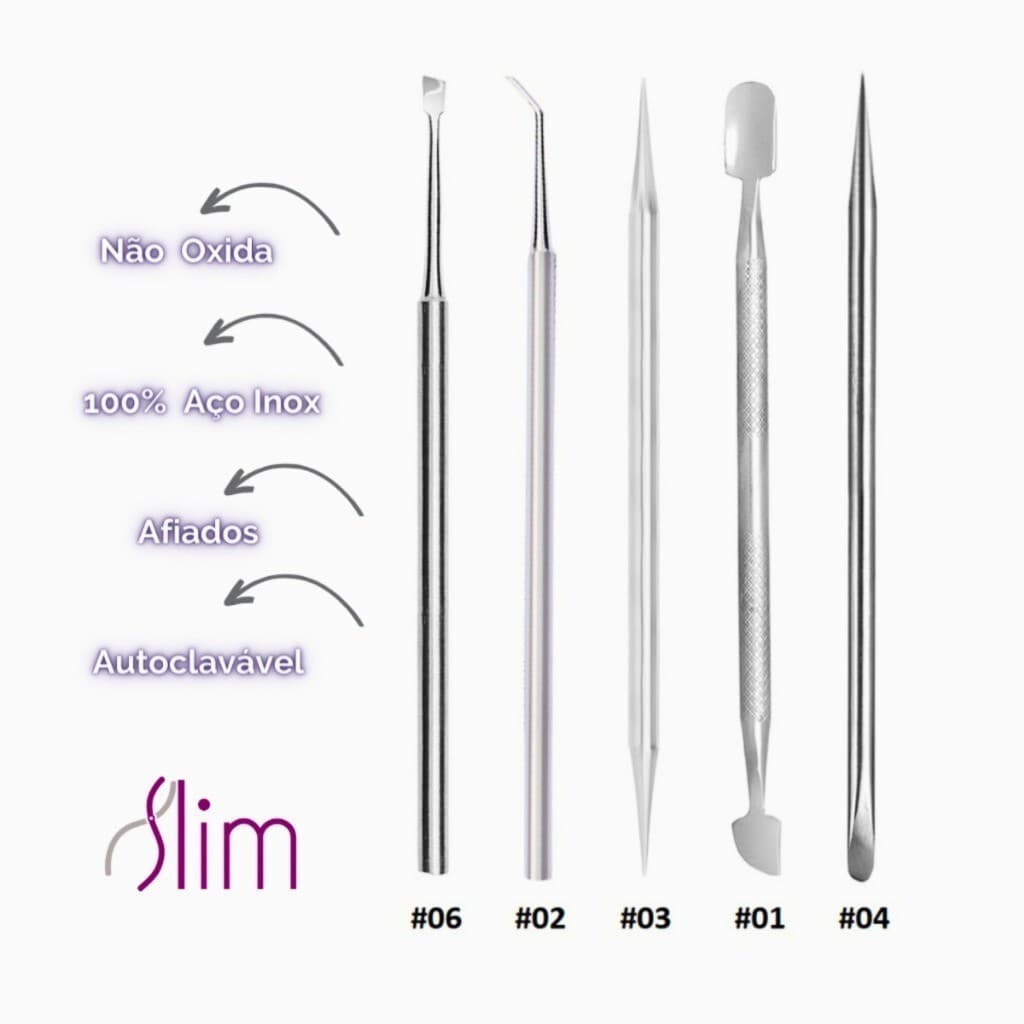 Kit Manicure Profissional 5 Itens - Espátulas Palitos -  Aço Inox -  Pedicure e Podologia Slim